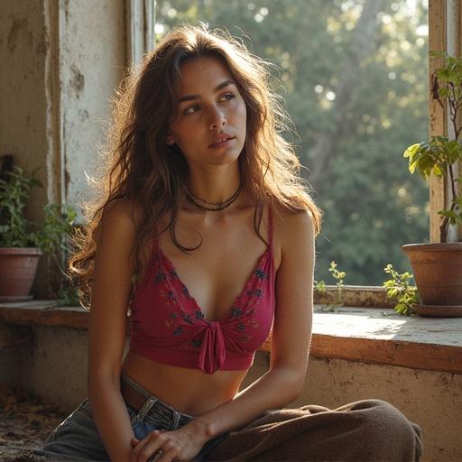 Woman in a pink top with long hair sitting indoors. Sunlight coming through the window creates a warm, intimate atmosphere. The setting is casual and relaxed with potted plants in the background.