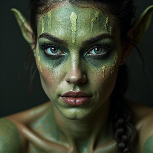 Portrait of a woman with special effects makeup. Silicon used to create an orc face. Close-up of facial features with dramatic lighting. Green skin tones and artistic elements.