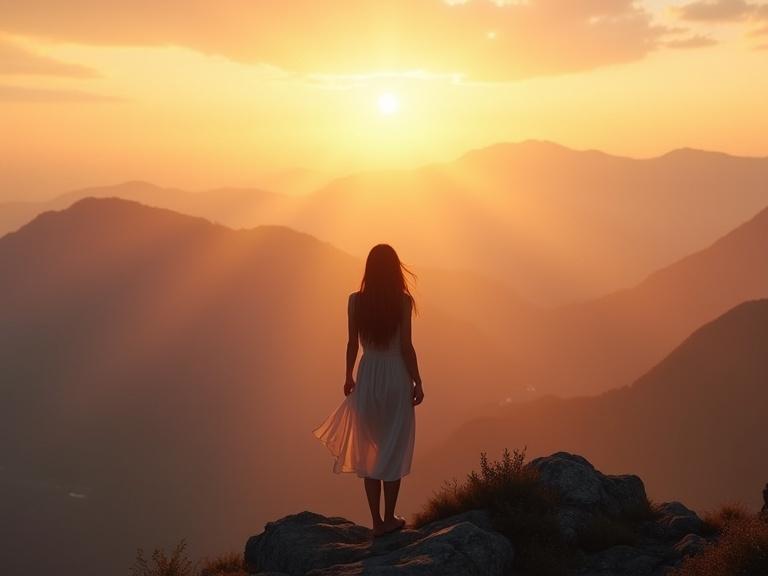 A woman stands at a mountain peak during sunrise. Valleys covered in mist below. Warm glowing sky in the background. Breeze moves dress and hair. Cinematic and inspiring atmosphere.