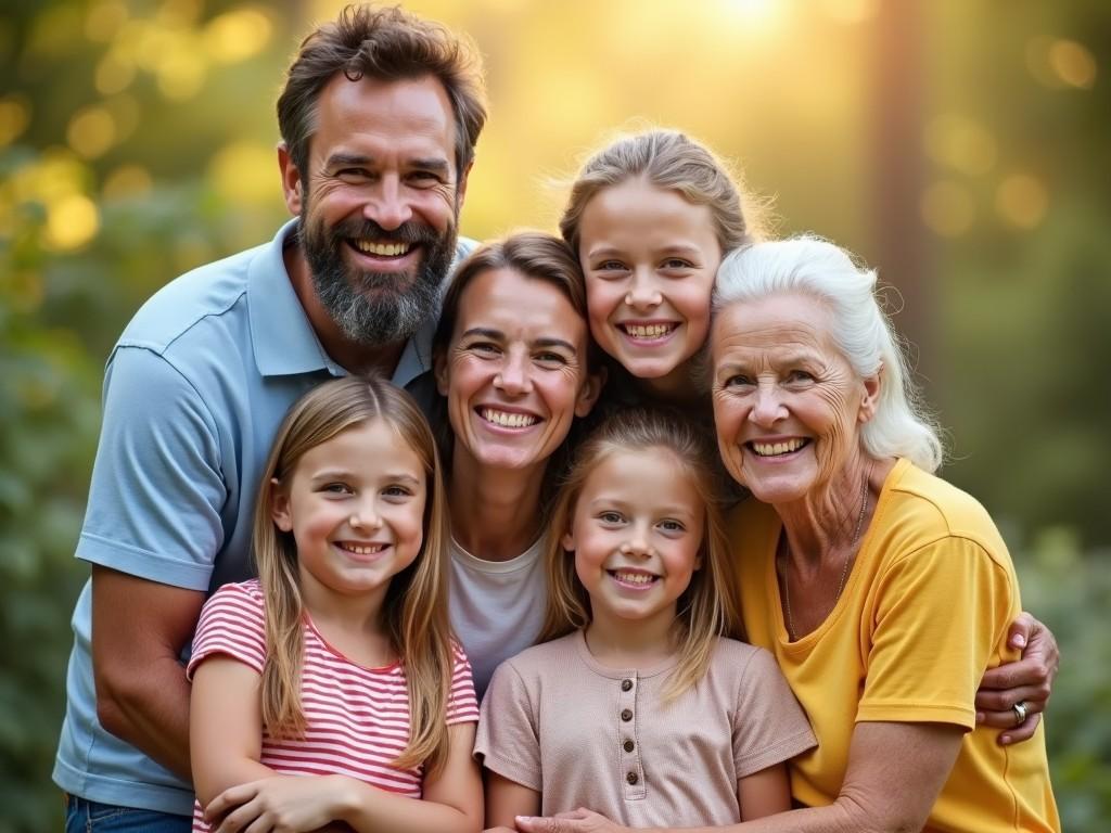 A joyful family portrait taken outdoors, featuring a diverse group of six individuals: a grandfather, grandmother, parents, and three young children. They are standing closely together, all smiling warmly at the camera. The background consists of lush green trees, lending a serene and natural atmosphere to the photo. The warm sunlight adds a golden hue, enhancing the happy emotions of the moment. Each individual displays genuine happiness and connection, representing love and familial bonds.