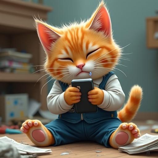 Semi-realistic cat in work clothes with a crying expression. Big teardrops present. Clutching a phone tightly. Sitting on the floor. Surrounded by a messy environment. Depicts stress after an accident. Humorous yet relatable theme.