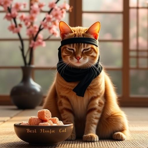 Hyper-realistic photo presents a ginger tabby cat donning a black ninja headband. The cat sits in a lotus position on a woven yoga mat. Its eyes are serenely closed with whiskers relaxed. Natural lighting casts a warm glow. Nearby rests a ceramic bowl with 'Best Ninja Cat' engraved, filled with sushi-shaped cat treats. Background features a minimalist Japanese dojo with tatami mats and a cherry blossom branch.