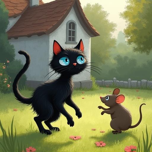 Fairy tale illustration of a black cat with beautiful blue eyes dancing on a lawn. Cat pretends to be dizzy. A large rat is watching from behind. Scene set near an old house.