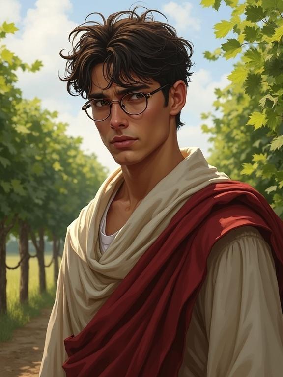 A young man in his early twenties is wearing round glasses and robes. He appears worried and pensive while looking at the viewer. The background features outdoor vines and a wine theme. The artwork is a semi-realistic digital piece that resembles the style of Marat Safin, created using soft brush strokes and fantasy elements.