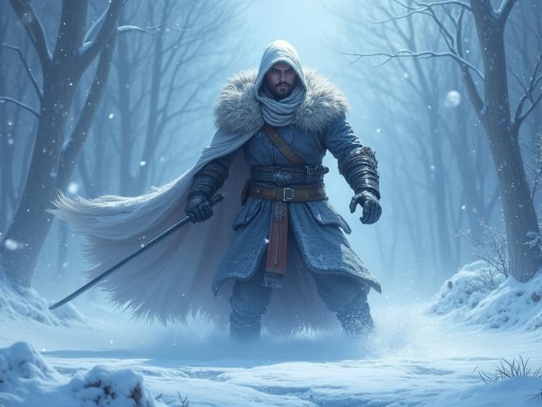 Fantasy character in a snowy landscape. Wearing a fur-lined cloak. Holding a sword. Standing in a dynamic action pose. Cool and dramatic lighting. Background features trees in a blizzard.