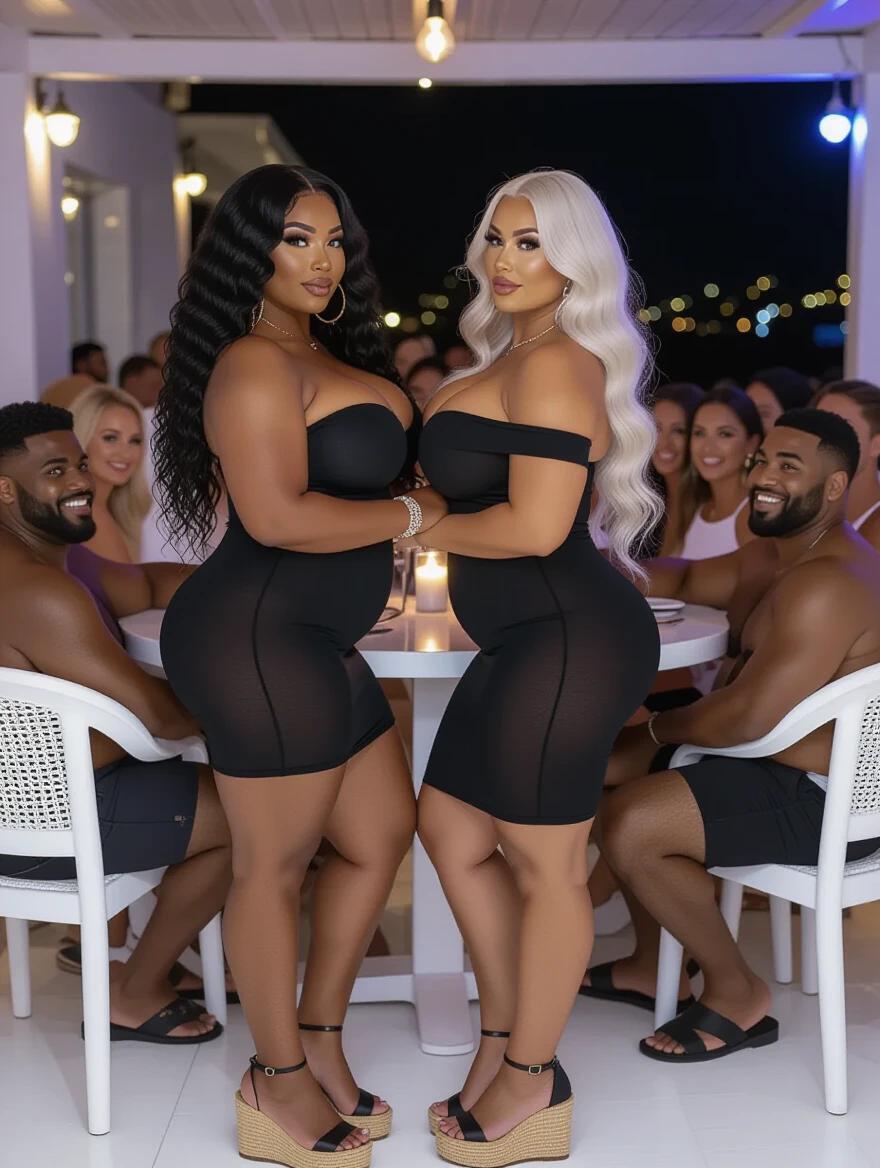 Two fit women embrace. One has long black curly hair and dark skin. Other has long blonde wavy hair and light skin. Both wear black strapless dresses and platform heels. They are in a nightclub in Mykonos at night. Other men are sitting at a table nearby looking surprised.