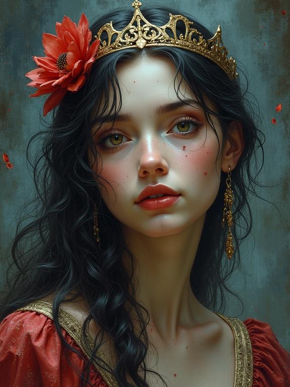 Dark fantasy book cover design featuring a beautiful girl with a crown. Rich details and ornate art style. Evokes a sense of mystery and elegance.