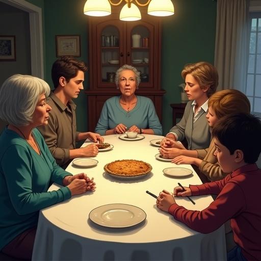 A tense family dinner scene in a modest home. Central character is an older woman with light warm-toned skin and light gray-blonde hair. She looks calm yet sad, wearing a teal cardigan. Son Daniel has a lean pale face and a conflicting expression. Stylish Lora sits next to him. Claire avoids eye contact, focused on her hands. Jason glances at his grandmother with a USB flash drive. An untouched pie sits in the center. Atmosphere is emotionally distant with visible tension. Strong shadows from harsh overhead lighting emphasize isolation.