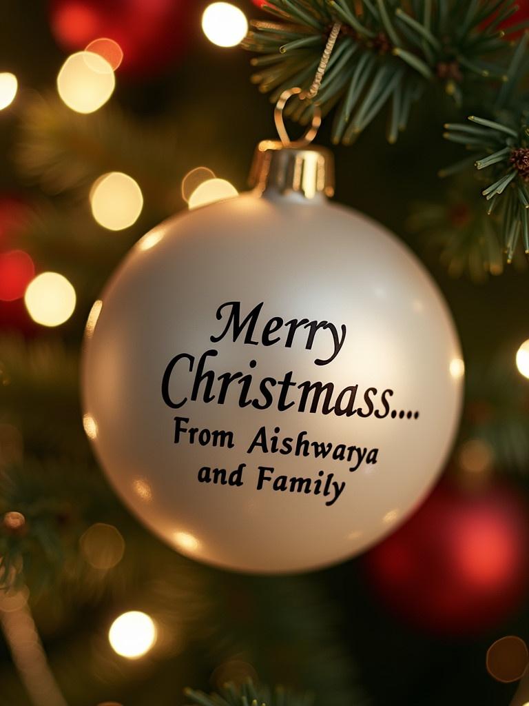 Close-up of a white Christmas bauble. Text on bauble says Merry Christmas...From Aishwarya and Family. Twinkling lights are in the background. The bauble is hanging from a Christmas tree branch.