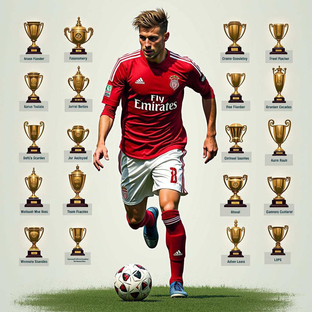 Image shows a football player inspired by Tony Kroos. Background features personal and team achievements. Left side displays individual awards. Right side highlights team trophies. Design is professional and organized.