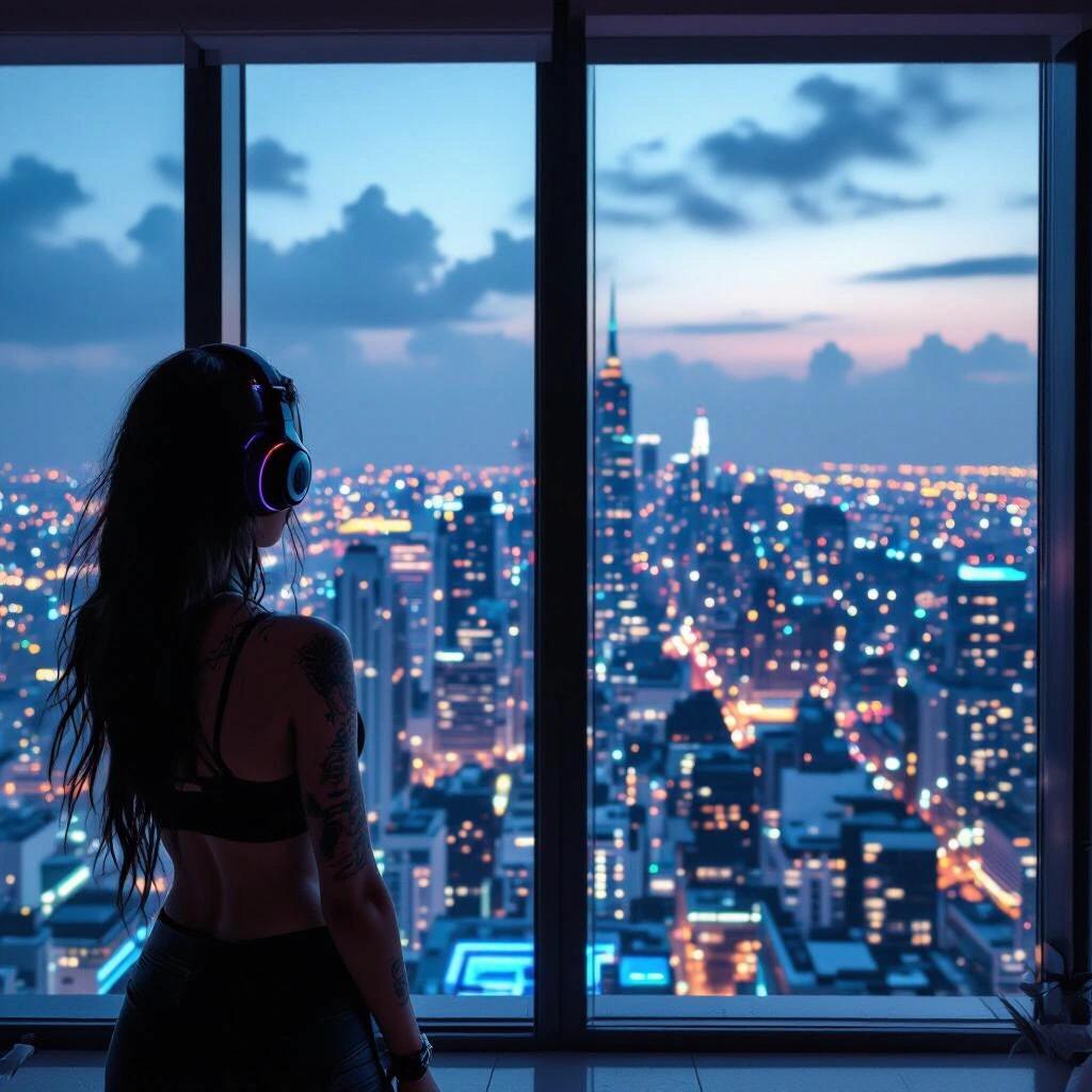 Distant view of a tattooed woman in a crop top standing in a luxury neon penthouse suite. Dark skies visible outside, featuring a vibrant city skyline at night.