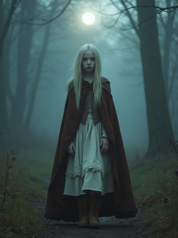 Photorealistic image of a young teen girl in a foggy forest at night. She has long pale blonde hair, pale skin, and dark red eyes. She stares coldly at the viewer, revealing vampire fangs. Dressed in a knee-length white and brown traveling dress with boots, and a heavy traveling cloak. The moonlight casts an eerie glow around her.