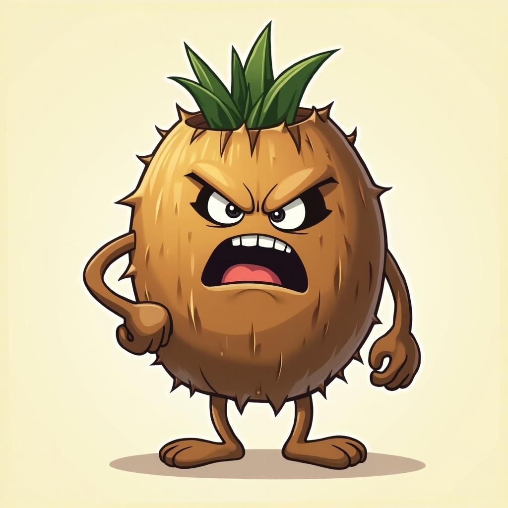 Angry coconut character with a fierce expression in a rubber hose style. Cartoonish features. Round shape with spiky green top. Simple background emphasizing character's personality.