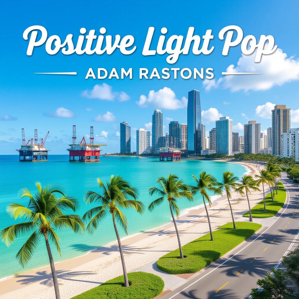 Vibrant photograph of a sunny beachfront cityscape. Stunning turquoise waters and swaying coconut and palm trees. Sleek modern skyscrapers along with oil rigs in background. Text overlay 'Positive Light Pop' and 'Adam Rastons' in stylish font.
