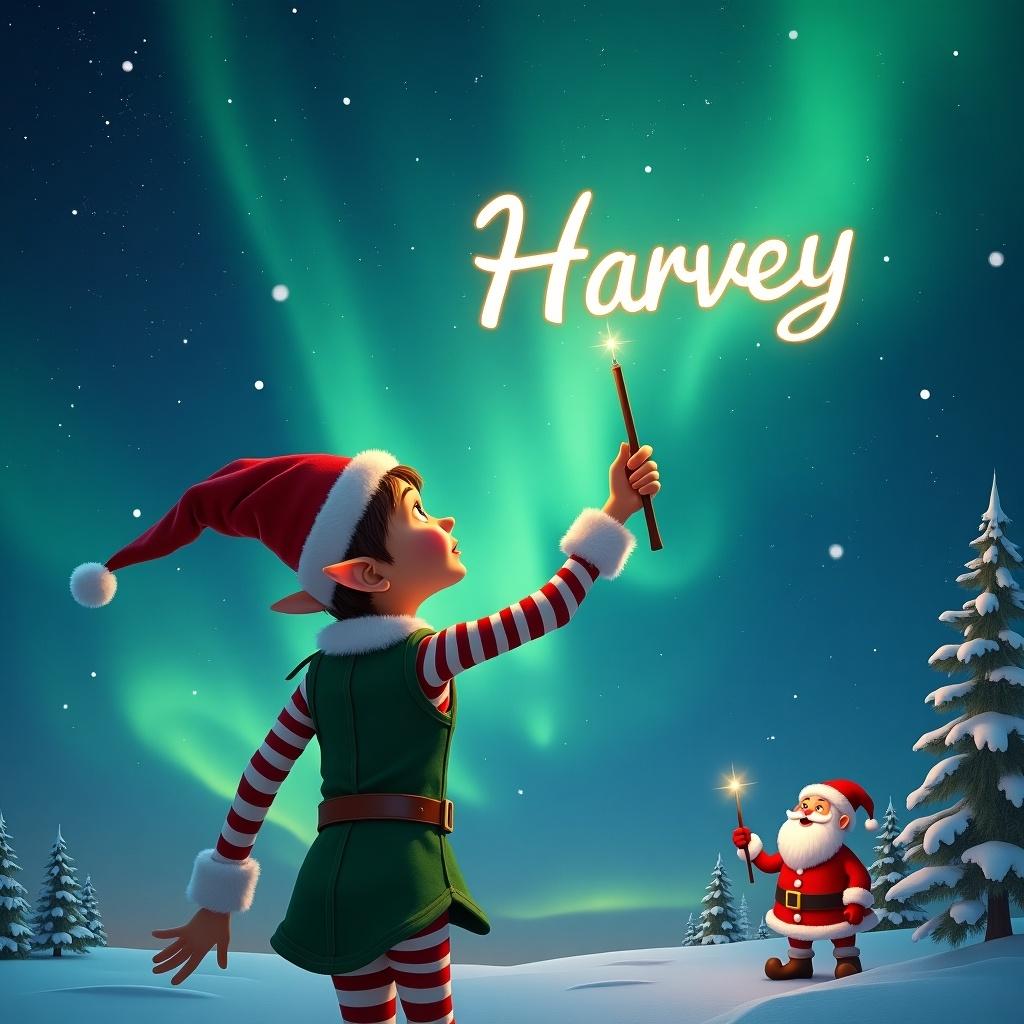 Elf casts a spell with a wand in a snowy landscape. Name 'Harvey' appears in the air. Northern lights illuminate the sky. Santa is in the background.