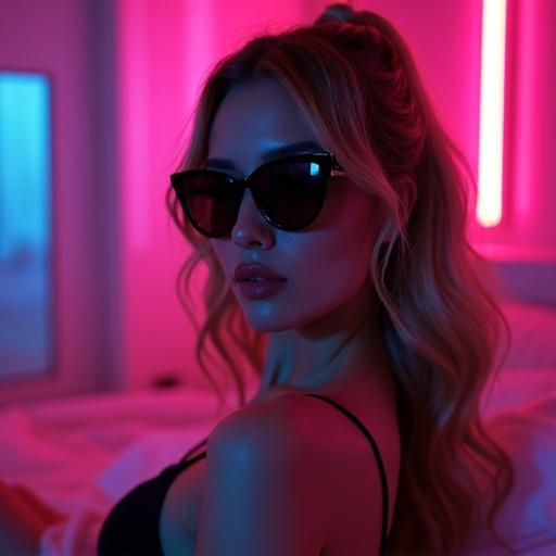 A stylish woman wearing black sunglasses in a neon-lit bedroom. The ambiance is futuristic with vibrant colors. The album cover features the text 'Late At Night'.