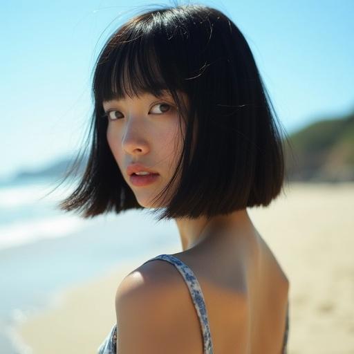 Young adult girl with dark straight bob hair on sunny beach. She has an angry expression and the scene captures a bright atmosphere without wind.