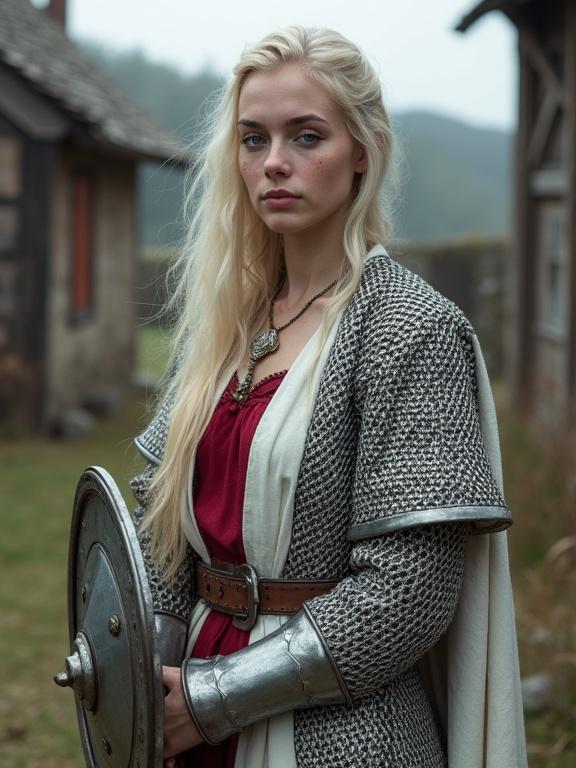 Portrait of a beautiful young woman with long pale blonde hair and caring expression. She has pale scarred skin and freckles. Wearing a silvery chainmail coat and a white vestment lined with red. A shining silver pendant adorns her neck. She is holding a mace and heater shield. The background features a medieval village.