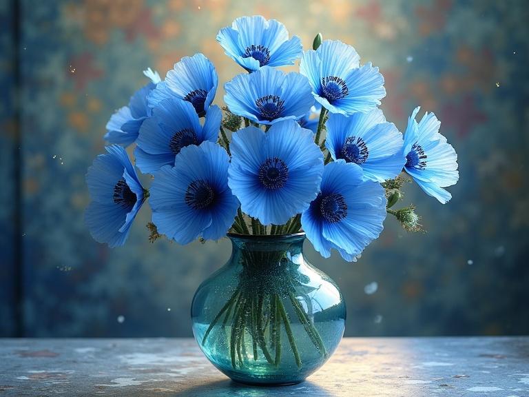 A vibrant bouquet of blue poppies in a teal bronze ornate glass vase. The flowers are set against a softly blurred background with dreamy pastel tones. The atmosphere feels cozy and inviting, illuminated by soft light to create a warm ambiance. The composition captures the delicate beauty of the flowers and the artistry of the vase.
