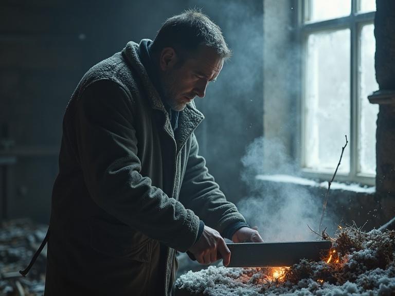 A man in a Russian Gulag chops wood in cold. Frost vapors come from his mouth. Sparse surroundings with light from a nearby window.