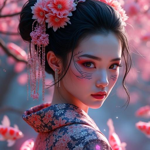 Portrait of a futuristic geisha with cybernetic enhancements. Intricate tattoos glow softly on her face. She wears an ornate kimono. Neon cherry blossoms and holographic koi fish surround her. Digital art created in high resolution.