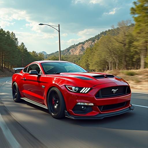 A red car is driving on a scenic road through trees. The car is a Ford Mustang. It has a sporty design and modern features. The sun is shining among the clouds. The road curves in the background.