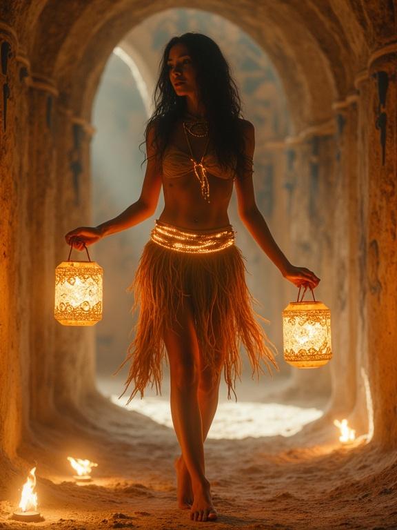 A mysterious tribal girl is dancing with hands outstretched inside an alien temple. She wears a glowing tattered loincloth. Lanterns float around her, lighting ancient murals. Her expression is serene, while her shadow dances differently.