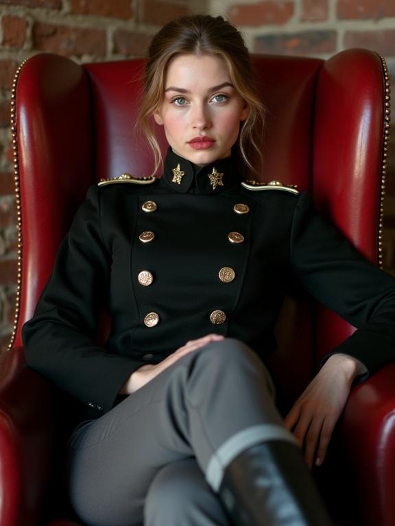 A girl with light brown hair in a black military uniform sits on a red leather chair. Gray trousers and black boots are worn. The room has brick walls. The uniform includes epaulettes and a collar.
