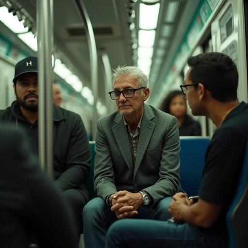 A 40-year-old man in smart casual clothes with glasses sits inside a subway car. He looks seriously at a Venezuelan rap singer performing in front of him.