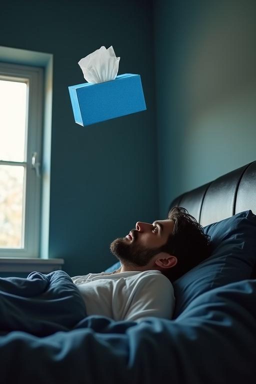A man lays in a black leather bed looking up at a floating blue tissue box. The tissue box touches the ceiling. A window is beside the bed. The man shows a shocked expression.
