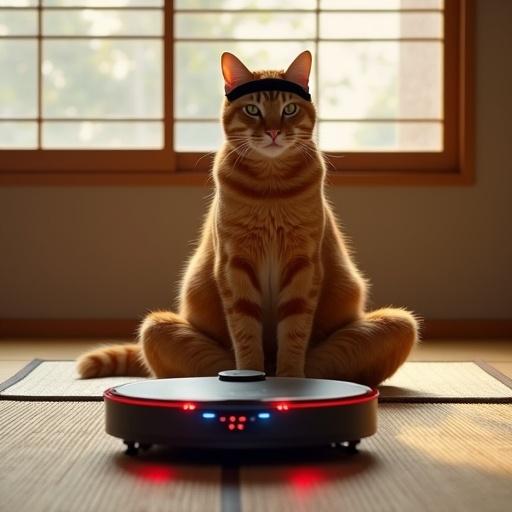 Ultra-realistic 8K image of a ginger tabby cat meditating in lotus position on a yoga mat. Cat wears a black ninja headband. Background features a Japanese dojo with tatami floors and shoji screens. A robot vacuum with glowing red eyes peeks from the corner, creating tension. Lighting is warm with cinematic quality. Cat's pose is serene, contrasting with the vacuum's intrusion.