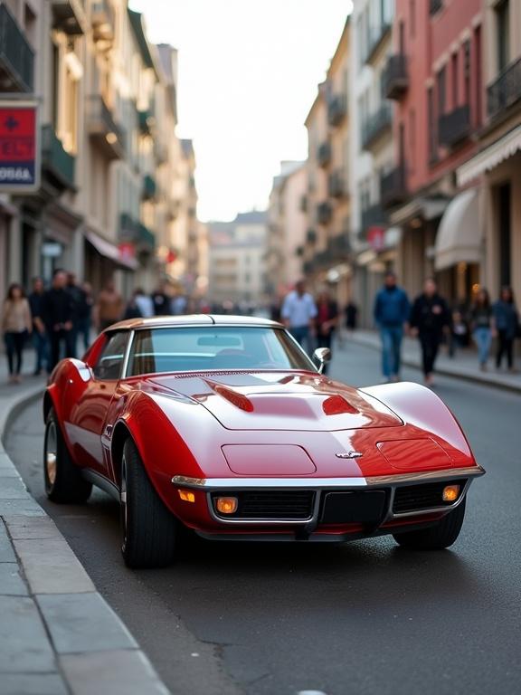 Vintage Chevrolet Corvette C1 parked diagonally on urban avenue. Front and side view displayed. People walking in the background. Daytime lighting.