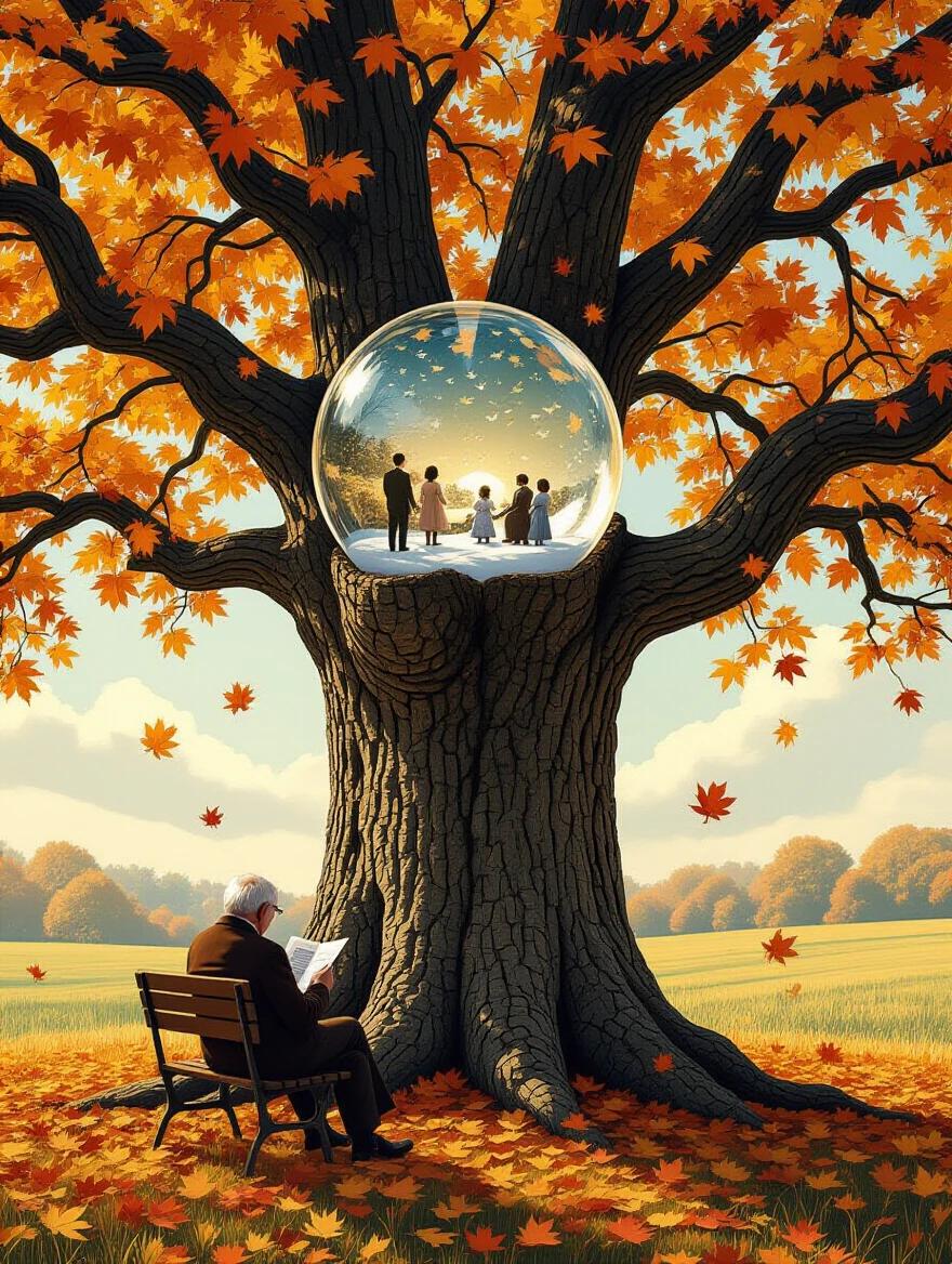 An ancient oak tree stands with a transparent trunk showing memories that float inside similar to snow globes. Childhood moments family gatherings and graduations are visible. An elderly man reads letters beneath the tree. Seasons change in a time-lapse style. Golden autumn leaves slowly become old photographs. The art embodies human emotion with surreal time and narrative realism alongside magical aspects.