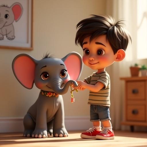 A 7-year-old boy with dark hair and a light tan skin. Wearing a striped shirt and denim shorts. He smiles and hangs a flower chain on the wall. Beside him is a baby elephant with gray skin and colorful accents. The room is bright and cheerful with playful details.