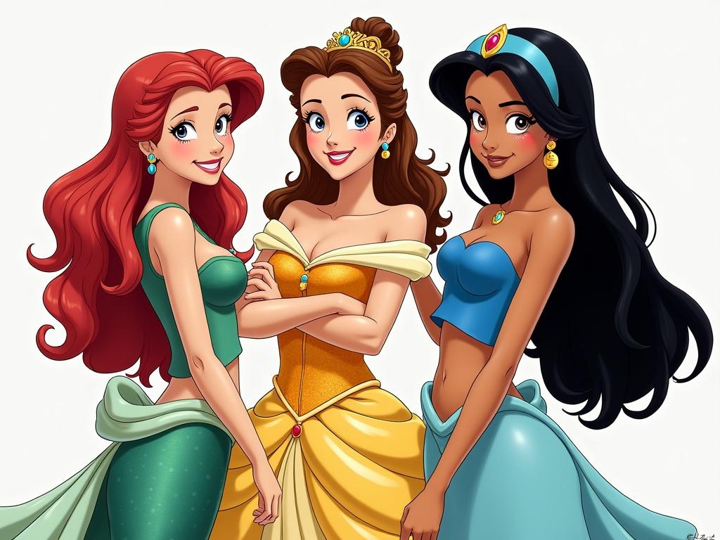 Disney princesses depicted in the style of One Piece by Eiichiro Oda. Characters are Ariel, Belle, Jasmine. They are drawn together in a vibrant and colorful manner.