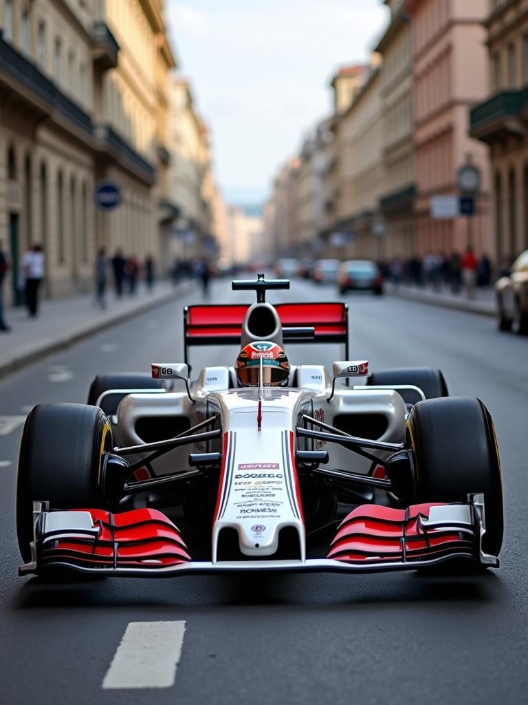 A Formula 1 race car parked on an empty street in Budapest. A ticket for the Budapest race event is displayed on the car.