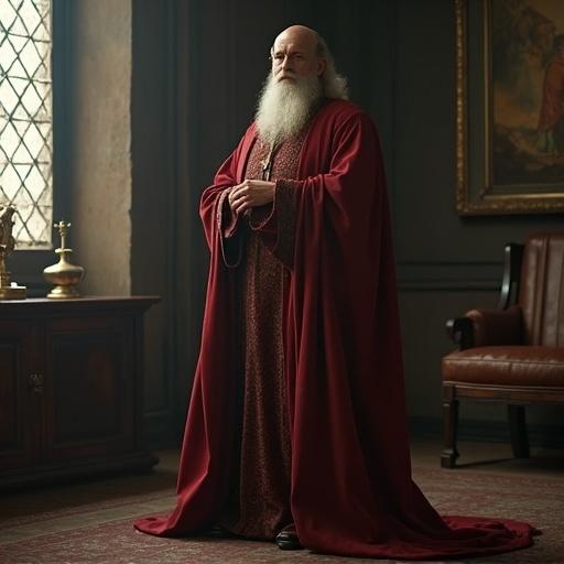 Professor Leonardo Da Vinci in a red robe stands full-length in a Hogwarts setting. The room features classic decor with soft lighting illuminating the character. The composition captures the essence of a magical, scholarly atmosphere.