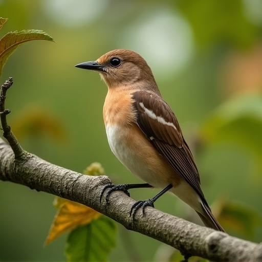 A beautiful bird sits on a branch of a walnut tree. The bird has brown and white feathers. It is looking attentively. The background is soft with hints of green foliage.