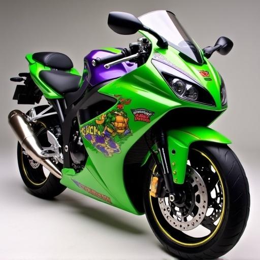A 2008 Kawasaki Ninja 250R themed after Donatello from TMNT. The motorcycle is bright green and purple with gold accents. Features character art and designs inspired by the Teenage Mutant Ninja Turtles.
