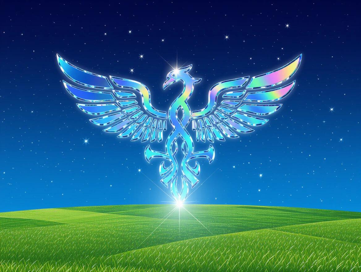Liquid chrome phoenix soaring over a green field. Holographic symbol represents magic. Bright night sky filled with stars. Grass field extends beneath the emblem.