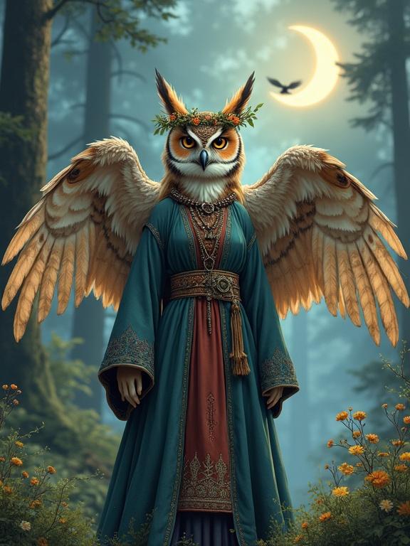 Anime-style digital illustration of a full-body anthropomorphic owl druid priestess. She stands in a misty enchanted forest. Her wings act as sleeves of traditional Slavic attire with ornate patterns and bead jewelry. Decorated with a wreath of wildflowers, her sharp intelligent stare draws attention under a glowing crescent moon. Birds soar in the background. Emphasizes soft warm lighting with highlights in a cinematic style. The artwork features realistic textures and intricate details.