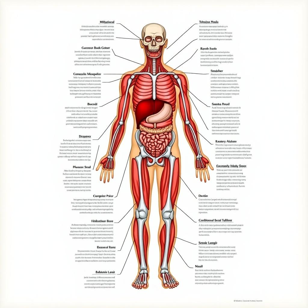 Cover page depicting human physiology highlighting anatomy and body systems with labels. Colorful and informative illustration suitable for educational purposes.