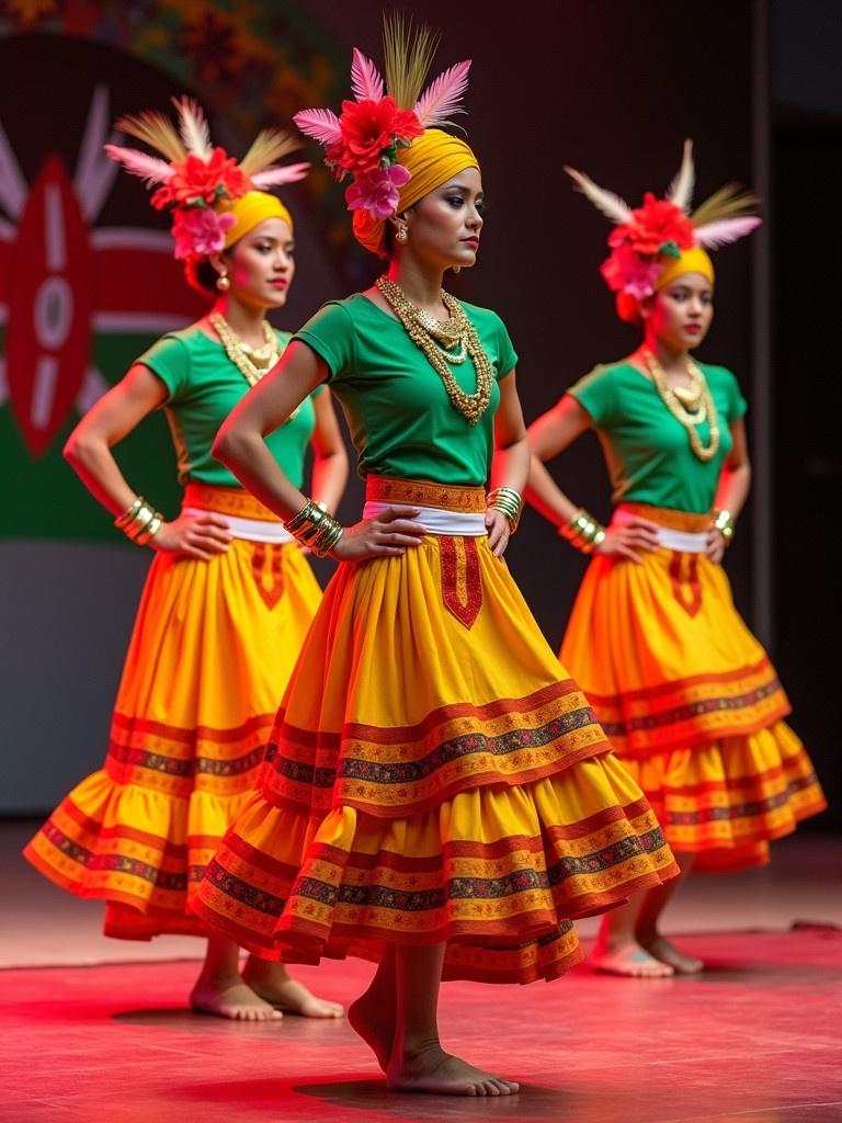 A vibrant photograph captures a cultural dance performance on stage. Dancers are in synchronized formation. Their outfits feature bright skirts with complex patterns. Green blouses complete their attire. The stage has a red carpet. The background shows mural-like decorations. The lighting is artificial and colorful, enhancing their movements.