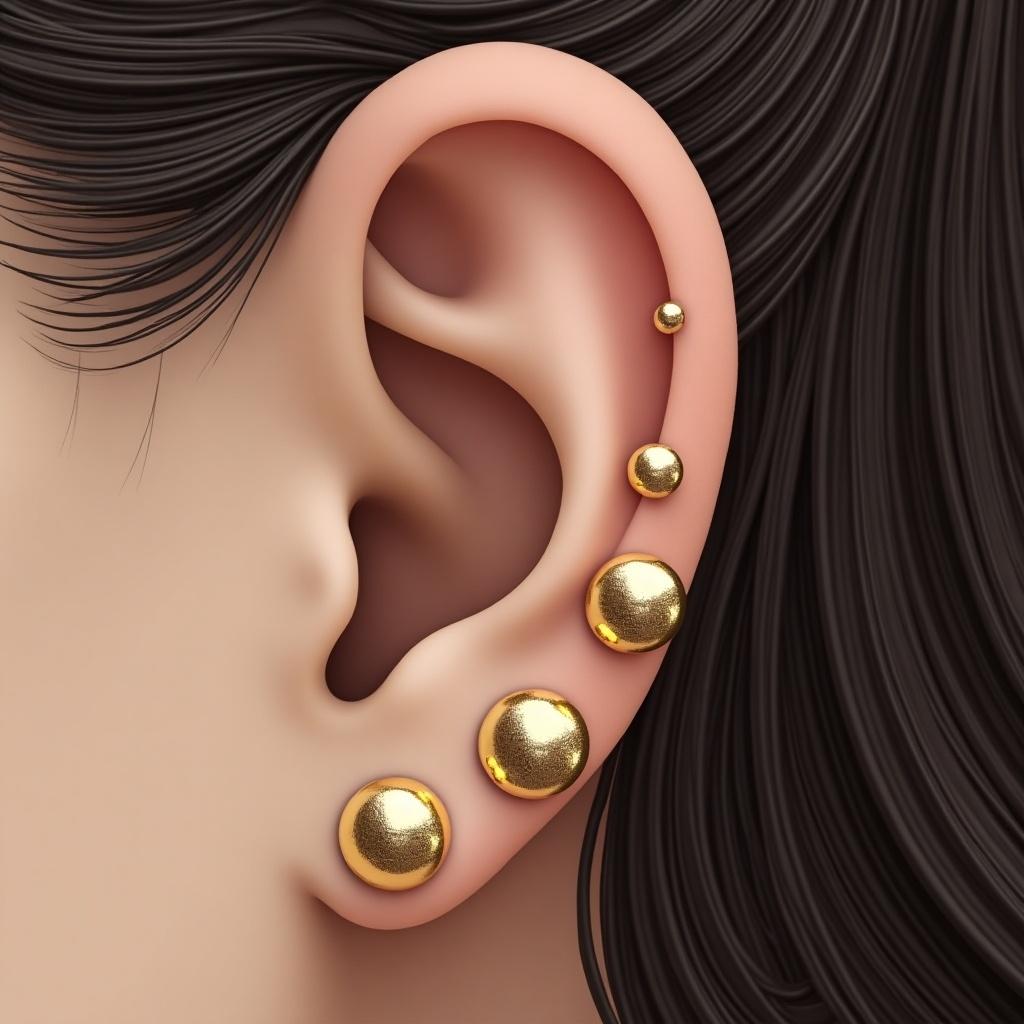 Image displays a detailed close up of a human ear. The ear features three gold globe piercings located on the lobe. There is one gold daith and one snug piercing. The hair is long and dark, framing the ear. The design highlights the gold jewelry against the skin tone. Soft lighting enhances the shiny metal.