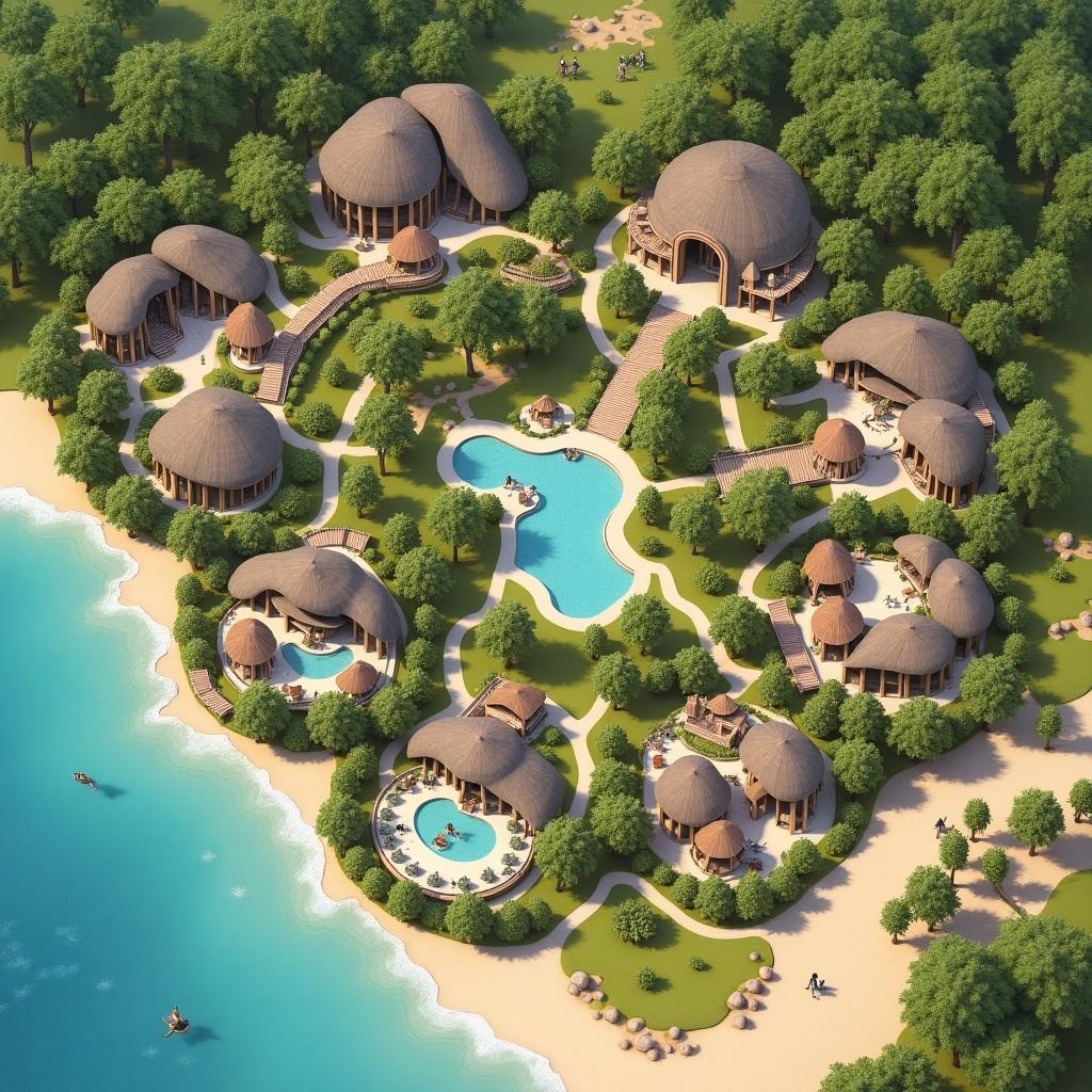 Aerial view of a themed accommodation layout. Clustered accommodations organized by categories. Forest zone features treehouses linked by canopy walkways. Ocean zone includes shell-inspired villas near water. Desert zone designed with burrow-style earth-sheltered accommodations and shaded courtyards.