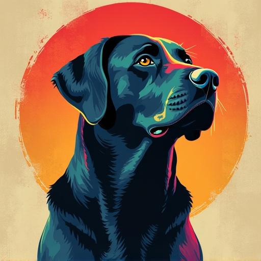 Image features a vintage retro style illustration of a Labrador Retriever with vibrant color scheme. The dog looks upward, creating a striking visual effect.