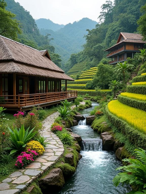 Landscape features a traditional wooden hut and a modern villa surrounded by rice terraces and a flowing stream. Includes colorful flower gardens and a winding stone path. Overcast sky suggests a tropical climate.