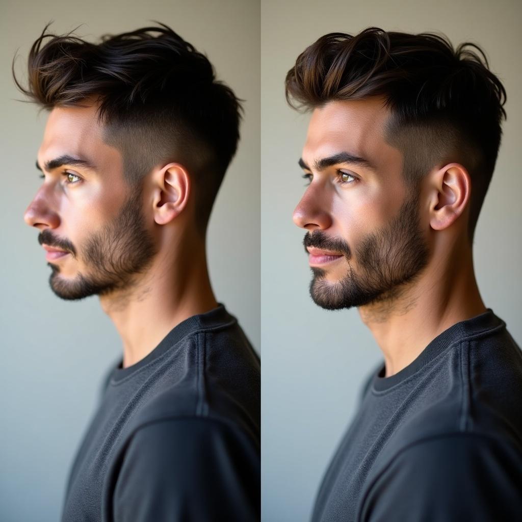 Portrait of a handsome man against a neutral backdrop. Displays both front and side profiles. Man has a well-defined jawline. Expression is confident and relaxed. Soft natural lighting emphasizes facial features and hairstyle.