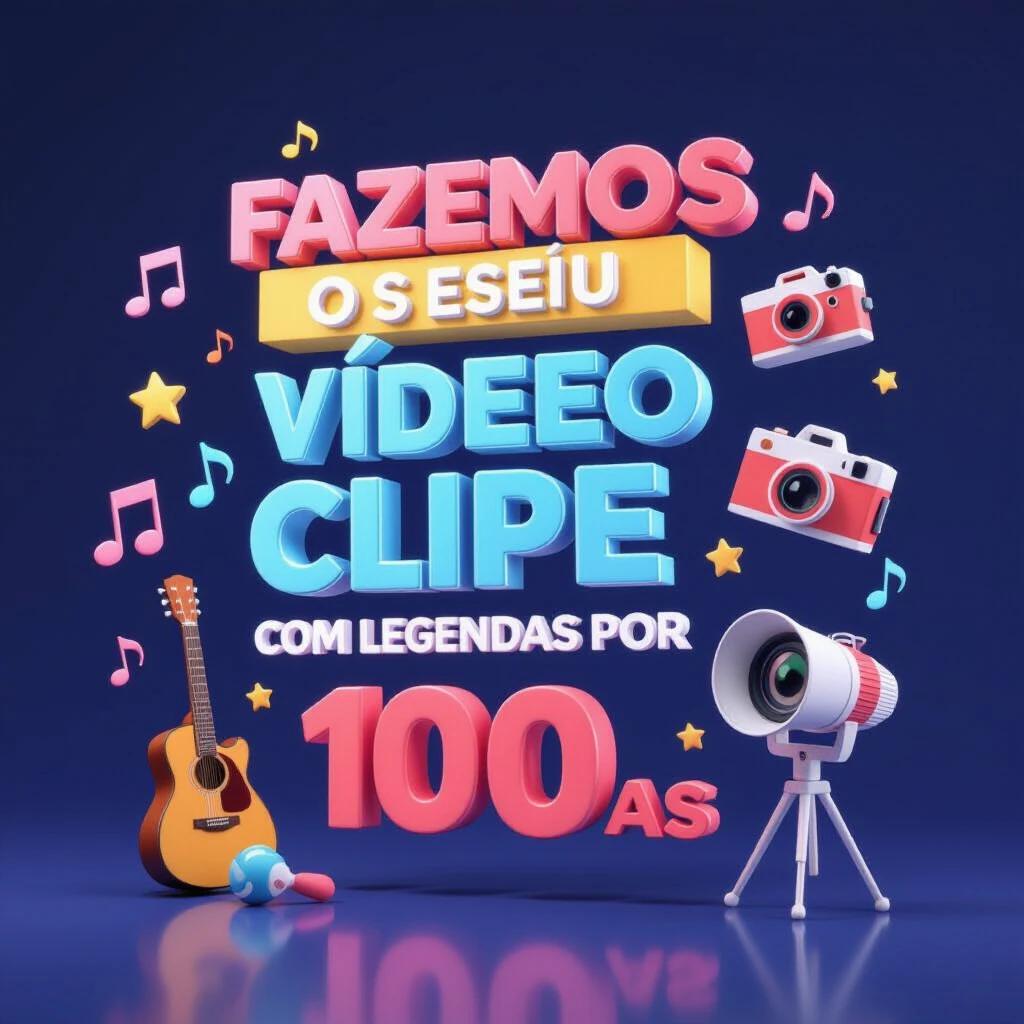 3D text with vibrant colors. Main message emphasizes video clip services with captions for 100 reais. Includes musical icons and a camera in a modern style.