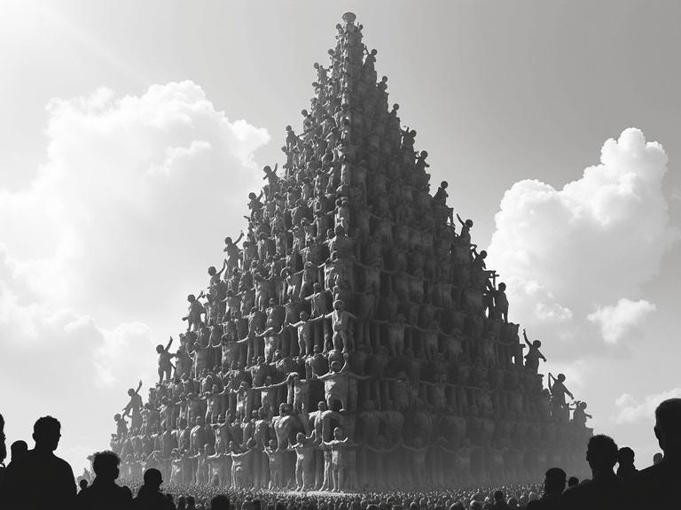 A towering human pyramid built outdoors depicts a ritual or dramatic performance. The image shows physical strain and collective effort. There are multiple layers of human bodies stacked together. Expressions range from focus to strain. The backdrop features a cloudy sky and a blurred crowd. Monochromatic colors create a nostalgic feel. Dramatic light adds weight to the composition.